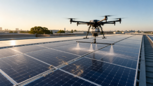 Drone removendo resíduos de aves de painéis solares em uma cobertura comercial