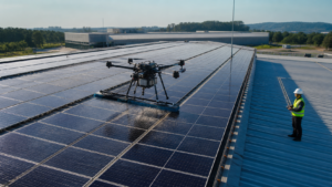 Drone realizando limpeza de painéis solares em telhado industrial